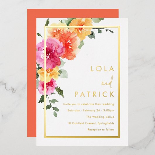 kühne, lebendige, farbenfrohe blumenreiche Hochzei Folieneinladung (Vorderseite/Rückseite)