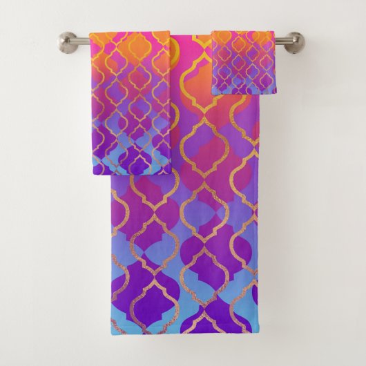 kühne, lebhafte, farbenfrohe Rosa Orange Gold Badhandtuch Set (Insitu)