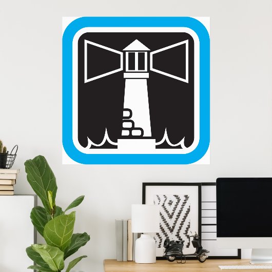 kühne Leuchtturm Beacon mit Ozeanwellen-Symbol Poster (Heimbüro)
