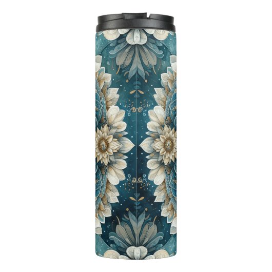 kühne Löwenfront Mandala in Gold, Weiß und Blau Thermosbecher (Rückseite)