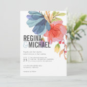 Kühne Moderne Aqua Wildblumen Hochzeit Einladung (Stehend Vorderseite)