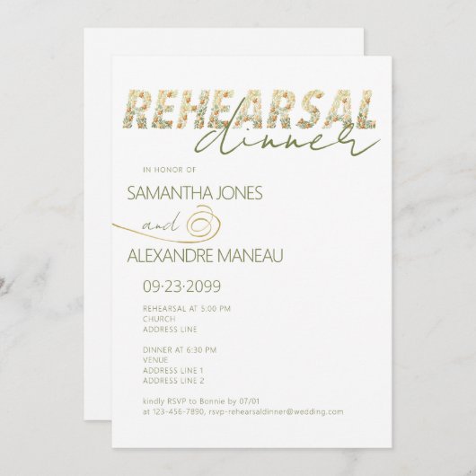 Kühne Moderne Boho Blumengrün Probe Abendessen Einladung (Vorne/Hinten)