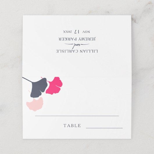 kühne moderne Marine- und rosa Ginkgo-Blätter Hoch Platzkarte (Außenseite Aufgefaltet)