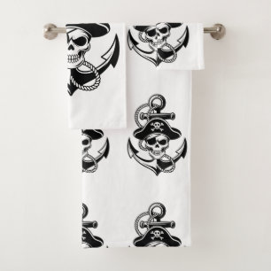 Kühne Piratenschädel und Anker - Schönes Design Badhandtuch Set