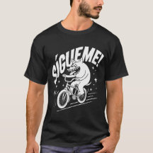 Kühne "SÍGUEME"! Retro Cartoon Wolf auf einem Bike
