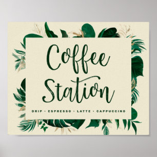 Kühne tropische Blätter Kaffeestation Hochzeitszei Poster