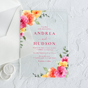 kühne und lebendige Frühjahrsblütenhochzeit Acryleinladungen