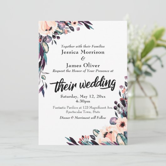 Kühne Wasserfarbe Florals mit Hochzeitsschrift Einladung (Stehend Vorderseite)