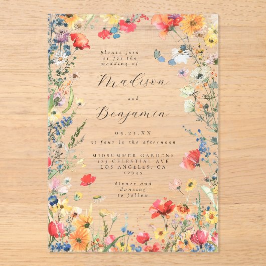 kühne Wildblume Hochzeit Acryleinladungen (Vorderseite)