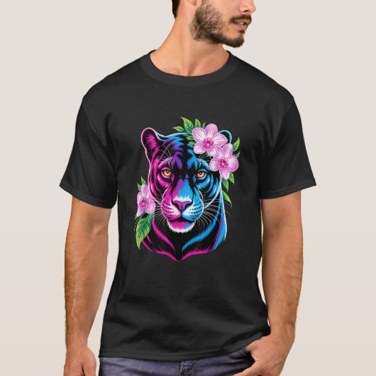 Kühner Panther mit rosa Blumen T-Shirt (Vorderseite)