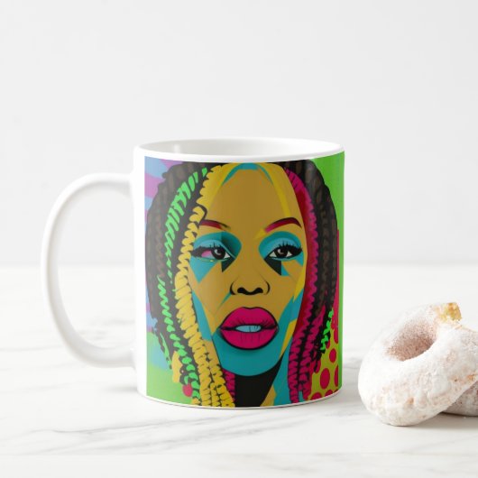Kühner Pop Art-African American Woman mit Locs Kaffeetasse (Mit Donut)