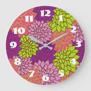 Kühnes Blumendesign in Limettengrün, Rosa, Lila Große Wanduhr