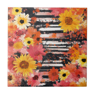 Kühnes Grunge-Blumenmuster in Schwarz, Orange und Fliese