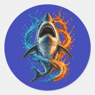 Kühnes Hai-Splash-Design – Blau & Orange Ozean P Runder Aufkleber