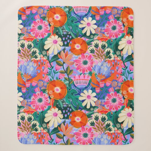 Kühnes Retro-Blumenmuster Sherpadecke (Vorderseite)