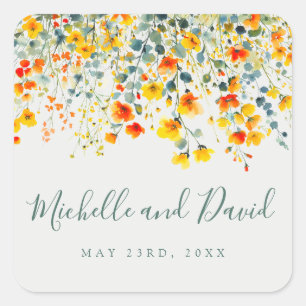 Kühnes sommerliches Wasserfarben-Blumenhochzeit Quadratischer Aufkleber