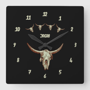 Kuhschädel Braun Schwarz Western Country Rustikal Quadratische Wanduhr