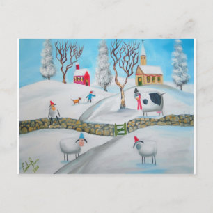 Kuhschaf Winterschneeszene naive Volkskunst Postkarte