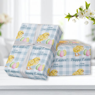 Küken und Ostereier Fröhliche Ostern blau kariert Geschenkpapier