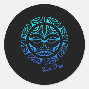 Kultur Gesicht Symbol Blau, Haka Kia Ora Tanz Neus Runder Aufkleber