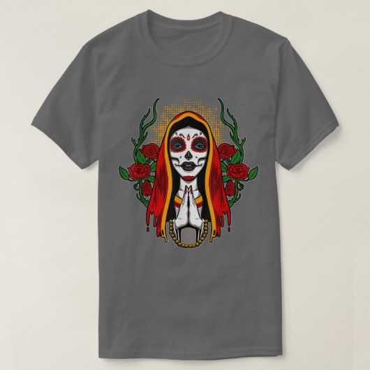 Kulturmädchen Heilige Santa Muerte mit Blume T-Shirt (Design vorne)