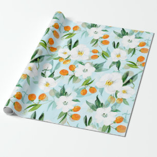 Kumquat Orchid Summer Frucht Muster auf Aquamarin Geschenkpapier