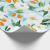 Kumquat Orchid Summer Frucht Muster auf Aquamarin Geschenkpapier (Ecke)