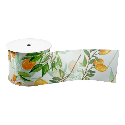 Kumquat Tropical Summer Fruit Pattern on Mint Satinband (Spule)