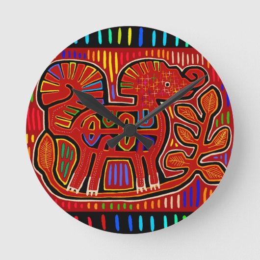 Kuna Indian Baby Elephant - Mola Folk Art Runde Wanduhr (Vorderseite)