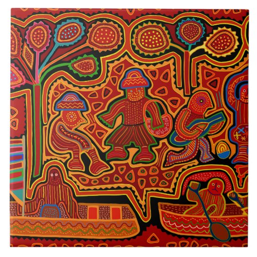 Kuna Indian Mola Men in Boats Fliese (Vorderseite)