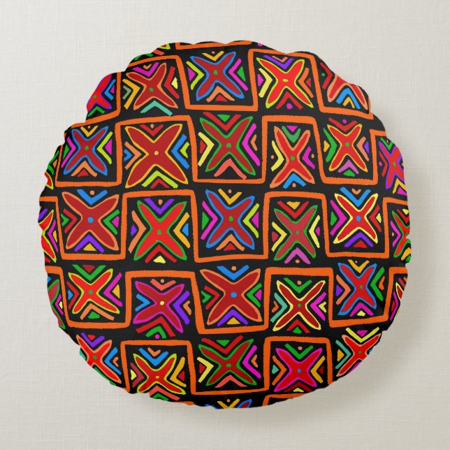 Kuna Indian Mola Tribal Karos - Red - Rundes Kissen (Vorderseite)