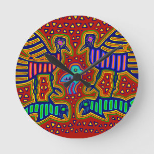Kuna Indian Vögel mit Fisch Runde Wanduhr