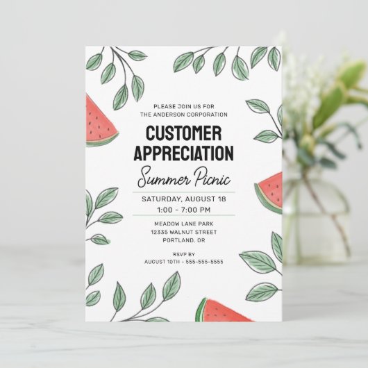 Kundenempfehlung Sommer Picnic Watermelon Einladung (Stehend Vorderseite)