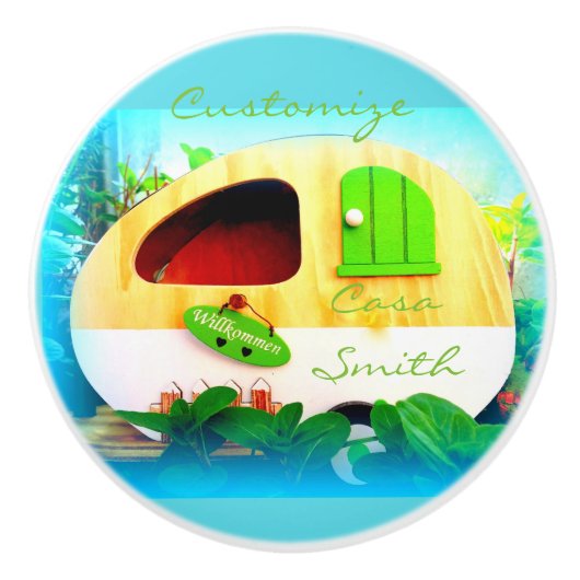 Kundengebundenes Retro Vintages Campermusterblau Keramikknauf (Vorderseite)