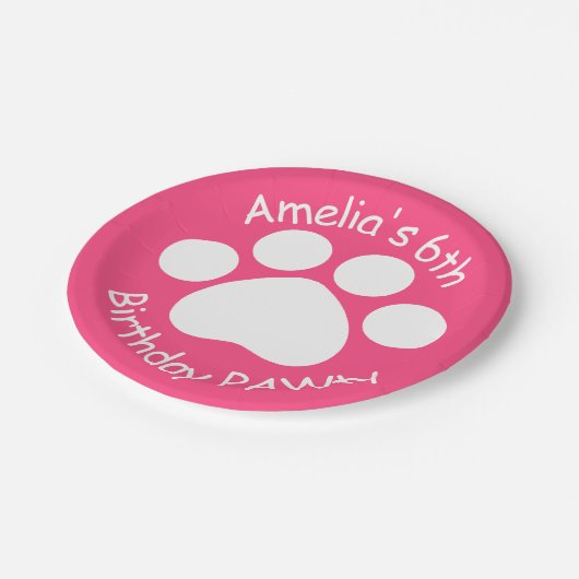 Kundengerechter Geburtstag PAWty - Rosa Pappteller (Schrägansicht)
