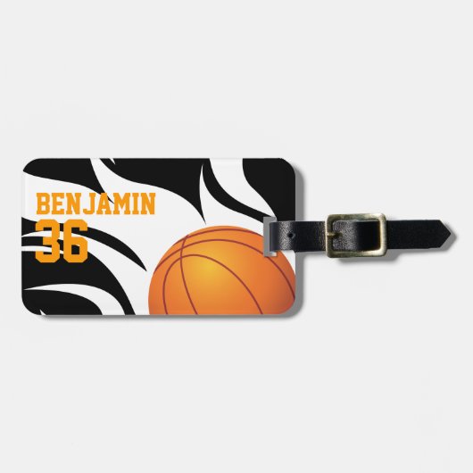 Kundengerechter lodernder Basketball Schwarzweiss Gepäckanhänger (Vorderseite horizontal)