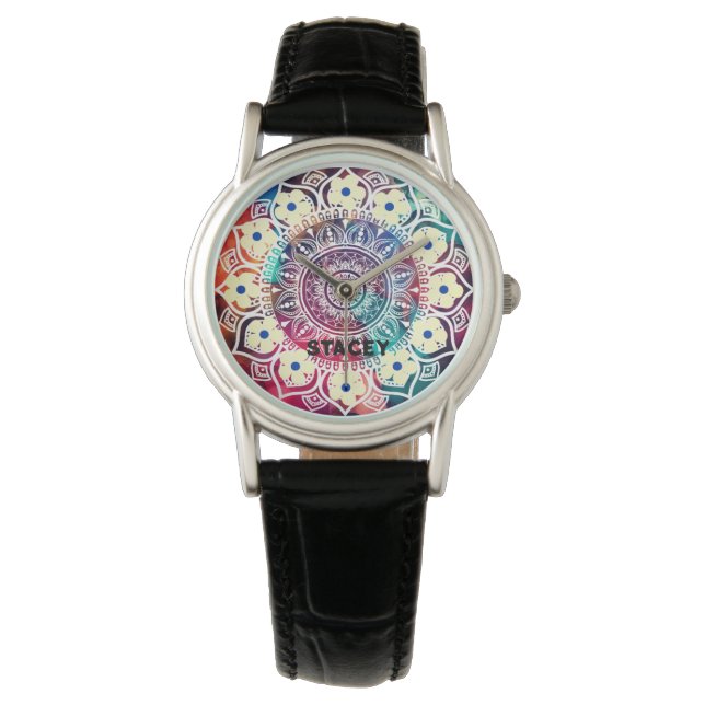 Kundenname. Mandalas lebhafte Farben Hippie Armbanduhr (Vorderseite)