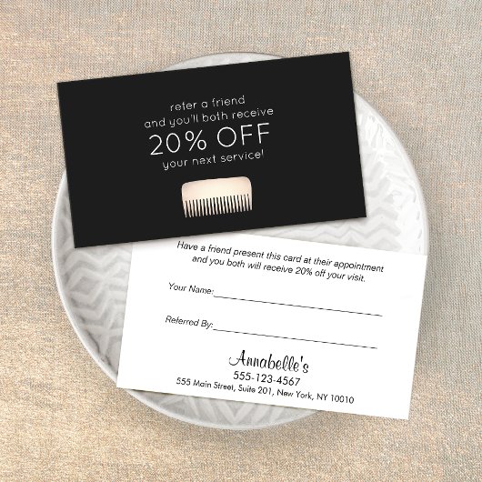 Kundenreferenz für Hair Stylist Gold Comb Empfehlungskarte