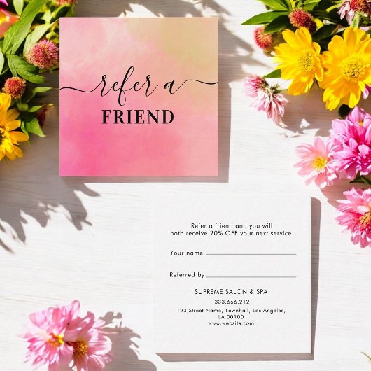 Kundenreferenz-Karte mit rosa Gelbfärbung Empfehlungskarte