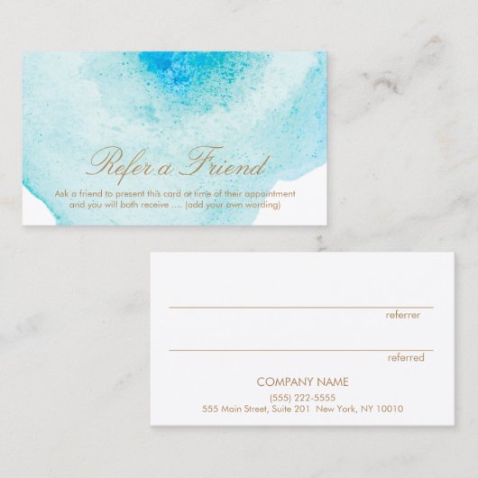 Kundenreferenz von Aqua Blue Abstrakt Watercolor Empfehlungskarte (Vorne/Hinten)