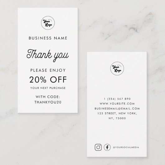 Kundenspezifische Firmenlogos Danke Minimalistisch Rabattkarte (Vorne/Hinten)