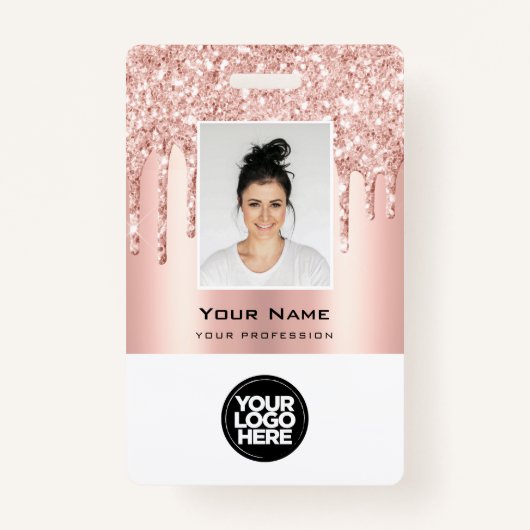 Kundenspezifische Glitzer Tropfen Rose Gold Name Ausweis (Vorderseite)