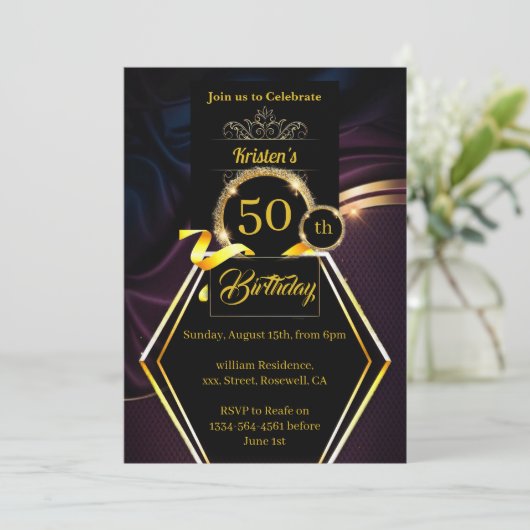 Kundenspezifische Gold und Lila Einladung zum Gebu (Stehend Vorderseite)