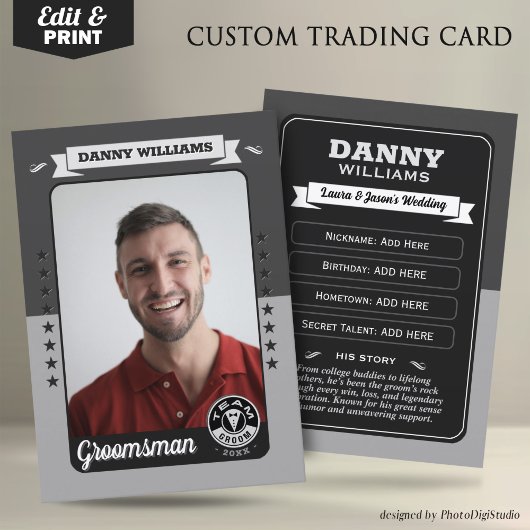 Kundenspezifische Team Groom Trading Card, Trauzeu Telefonnummerkarte