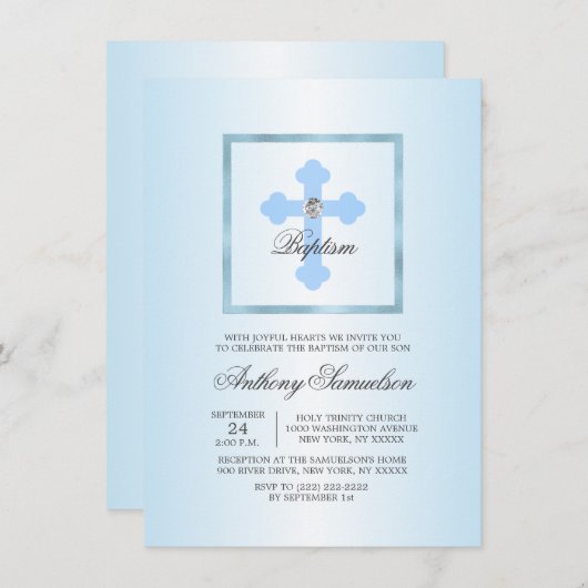 Kundenspezifischer blauer Quertaufe-Taufe-JUNGE + Einladung (Vorne/Hinten)