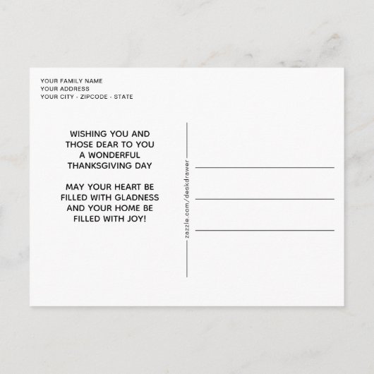 Kundenspezifischer Erntedank, der auf Kariertem Mu Postkarte (Rückseite)