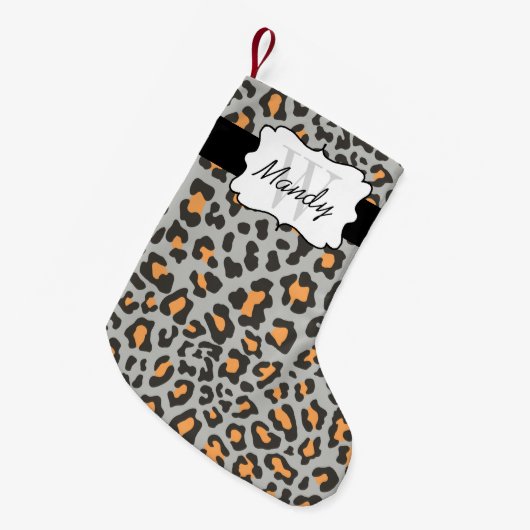 Kundenspezifischer Leopard-Druck-orange schwarzer Kleiner Weihnachtsstrumpf (Vorderansicht (hängend))