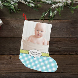Kundenspezifischer Name des Fotos und Geburtstagsg Kleiner Weihnachtsstrumpf