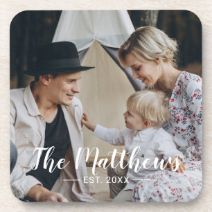 Kundenspezifisches Foto mit Familienname und fests Getränkeuntersetzer