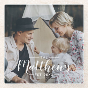 Kundenspezifisches Foto mit Familienname und fests Glasuntersetzer